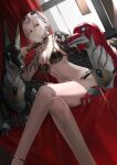  1girl absurdres bare_shoulders bikini black_bikini blazpu bracelet breasts carmilla_(fate) carmilla_(swimsuit_rider)_(fate) carmilla_(swimsuit_rider)_(third_ascension)_(fate) choker cleavage collarbone crossed_legs curly_hair eyewear_on_head fate/grand_order fate_(series) feet_out_of_frame forehead grin gun highres jewelry large_breasts legs long_hair looking_at_viewer navel non-humanoid_robot parted_bangs robot robot_animal robot_dog see-through sitting smile sunglasses swimsuit thighs weapon white_hair yellow_eyes 