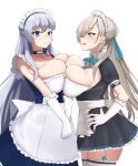  2girls absurdres apron asuna_(blue_archive) azur_lane belfast_(azur_lane) black_choker blue_archive blue_eyes braid breast_cutout breast_press breasts broken broken_chain chain choker cleavage crossover framed_breasts french_braid frilled_apron frilled_hairband frills garter_straps gloves hairband hand_on_own_hip highres huge_breasts light_brown_hair light_purple_hair long_hair maid_headdress multiple_girls ojisan_f purple_eyes short_sleeves simple_background symmetrical_docking thighhighs v_arms very_long_hair waist_apron white_apron white_background white_garter_straps white_gloves white_thighhighs zettai_ryouiki 