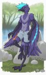 absurd_res anthro avian beak beak_piercing bird blue_body blue_hair bottomwear cade_harrow claws clothed clothing corvid corvus_(genus) crow dark_body dark_skin digital_media_(artwork) facial_piercing feather_markings feathered_wings feathers feet forest forest_background furgonomics furry-specific_piercing grass hair hi_res male markings multicolored_body multicolored_feathers nature nature_background nude oscine outside partially_clothed passerine piercing plant river rock shorts slim smile solo tail tailbyte talons tree tuft water wings yellow_eyes 