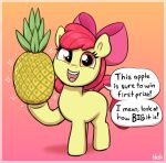  accessory apple_bloom_(mlp) bow_ribbon dialogue earth_pony english_text equid equine female feral food friendship_is_magic fruit fur hair hair_accessory hair_bow hair_ribbon hasbro heretichesh hi_res holding_food holding_object horse mammal mane my_little_pony open_mouth open_smile orange_eyes pineapple plant pony red_hair red_mane red_tail ribbons signature smile solo tail text yellow_body yellow_fur young 