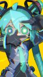  1girl absurdres ahoge android aqua_eyes aqua_hair aqua_nails aqua_necktie blue_eyes blue_hair cable cable_hair cheri_zao chromatic_aberration commentary_request covering_mouth detached_sleeves finger_frame hatsune_miku headgear headphones heterochromia highres joints long_hair looking_at_viewer mechanical_parts mechanization necktie ringed_eyes robot robot_girl robot_joints see-through see-through_sleeves simple_background solo twintails upper_body very_long_hair vocaloid yellow_background 