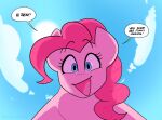  2023 averysweatyboy blue_eyes cloud cloudscape comic dialogue earth_pony english_text equid equine female feral first_person_view friendship_is_magic fur hair hasbro horse looking_at_viewer looking_down mammal my_little_pony pink_body pink_fur pink_hair pinkie_pie_(mlp) pony sky solo text 