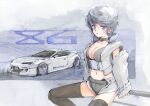  1girl black_bra black_choker black_shorts black_thighhighs blue_eyes blush bra car choker detached_sleeves grey_vest hair_behind_ear hi_fumiyo highres looking_at_viewer looking_to_the_side motor_vehicle open_mouth original personification short_hair shorts sitting sleeveless sleeveless_jacket sleeves_past_wrists solo sports_car thighhighs toyota toyota_86 traditional_media underwear vehicle_and_personification vest 