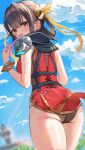  1girl :o armor ass blue_sky blush bracelet breasts brown_eyes brown_hair cloud day folding_fan hair_between_eyes hair_ornament hair_ribbon hair_rings hand_fan heaven_burns_red highres holding holding_fan jewelry li_yingxia looking_back medium_breasts ribbon shoulder_armor sky sonchi standing yellow_ribbon 