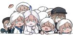  &gt;_&lt; :d baker_nemo_(fate) beret black_headwear blue_hair blue_shirt bread brown_hair cabbie_hat captain_nemo_(fate) chibi closed_eyes commission dark_skin engineer_nemo_(fate) fate/grand_order fate_(series) food glasses green_eyes hat jacket long_hair long_sleeves marine_nemo_(fate) multicolored_hair nemo_(fate) nurse_nemo_(fate) nyaru_(nyaru_4126) opaque_glasses open_mouth professor_nemo_(fate) round_eyewear shirt simple_background skeb_commission sleeves_past_fingers sleeves_past_wrists smile sweat tears turban two-tone_hair v-shaped_eyebrows wavy_mouth white_background white_headwear white_jacket 