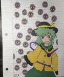  1girl black_headwear eyeball flower green_hair highres horror_(theme) koishi_komeiji&#039;s_heart-throbbing_adventure komeiji_koishi lined_paper long_sleeves looking_at_viewer marker_(medium) non-web_source original short_hair simple_background skirt smile solo touhou traditional_media 