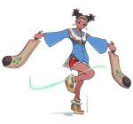  1girl benalki black_hair blue_shirt brown_eyes club_(weapon) dark-skinned_female dark_skin denim denim_shirt fringe_trim highres holding holding_weapon lily_(street_fighter) red_shorts shirt shorts street_fighter street_fighter_6 weapon 