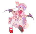  1girl ascot bat_wings bloomers blue_hair brooch collared_shirt commentary from_below full_body hair_between_eyes hat hat_ribbon jewelry kanon_(rsl) long_bangs looking_at_viewer mary_janes mob_cap open_mouth pink_headwear pink_shirt pink_skirt red_ascot red_eyes red_footwear remilia_scarlet ribbon ribbon-trimmed_collar ribbon-trimmed_sleeves ribbon_trim shirt shoes short_hair simple_background skirt skirt_set socks solo touhou underwear white_background white_bloomers white_ribbon white_socks wings wrist_cuffs 