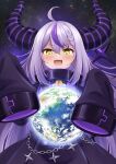  1girl absurdres ahoge blush braid chain coat collar commentary_request demon_girl demon_horns earth_(planet) fangs grey_hair hands_up highres hololive horns kaigan la+_darknesss long_hair long_sleeves metal_collar multicolored_hair open_mouth planet pointy_ears purple_coat purple_hair sidelocks sleeves_past_fingers sleeves_past_wrists solo streaked_hair striped_horns teeth upper_teeth_only very_long_hair virtual_youtuber wide_sleeves yellow_eyes 