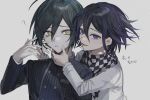  2boys ? ahoge black_hair black_jacket checkered_clothes checkered_scarf danganronpa_(series) danganronpa_v3:_killing_harmony grey_background hair_between_eyes hand_on_another&#039;s_chin highres jacket long_sleeves male_focus multicolored_hair multiple_boys oma_kokichi open_mouth parted_lips purple_eyes purple_hair saihara_shuichi scarf simple_background straitjacket striped striped_jacket sweat upper_body yellow_eyes zaso 