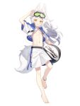  1boy :3 animal_ear_fluff animal_ears anklet arm_up ball barefoot beachball dairoku_ryouhei full_body goggles goggles_on_head highres jewelry kb_(tw) long_hair rabbit_ears shorts solo standing toron_craft transparent_background white_hair white_shorts yellow_eyes 