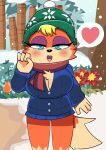  &lt;3 absurd_res animal_crossing anthro audie_(animal_crossing) bedroom_eyes blush breasts canid canine canis chest_tuft cleavage clothed clothing female flower hi_res jacket knit_hat looking_at_viewer mammal narrowed_eyes nintendo onibi plant scarf seductive snow snowing solo topwear tuft wolf 