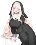  1girl absurdres arm_support artist_name black_dress blanche_neige_(svet_yomi) blonde_hair blush breasts dress habit highres large_breasts leaning_to_the_side long_hair long_sleeves looking_at_viewer nun open_mouth original pink_eyes simple_background sitting smile solo svet_yomi traditional_nun very_long_hair white_background white_hair 