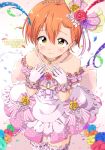  1girl absurdres bare_shoulders blush braid closed_mouth commentary_request confetti dress facing_viewer flower gloves hair_flower hair_ornament happy_birthday highres hoshizora_rin love_live! love_live!_school_idol_project orange_hair pink_dress pink_gloves pink_thighhighs sen_(sen0910) short_hair solo thighhighs yellow_eyes zettai_ryouiki 