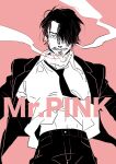  1boy blue_eyes character_name cigarette general_orumutsu hair_over_one_eye jacket male_focus midriff_peek monochrome mouth_hold mr._pink necktie outstretched_arms pants reservoir_dogs shirt short_hair sketch smoking solo 
