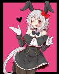  1girl adapted_costume alternate_animal_ears animal_ears bare_shoulders black_border black_footwear black_pantyhose border bow bright_pupils bunny_day buttons commentary cowboy_shot curren_chan_(umamusume) double-breasted ear_bow ear_covers fake_animal_ears frilled_skirt frills gloves grey_hair heart high_heels highres horse_tail long_sleeves looking_at_viewer medium_hair nontraditional_playboy_bunny off-shoulder_jacket off_shoulder one_eye_closed open_mouth pantyhose pink_background pink_eyes rabbit_ears red_bow skirt solo tail umamusume white_gloves yonedatomo_mizu 