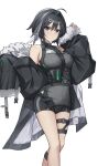  1girl absurdres ahoge arknights bare_shoulders black_eyes black_hair breasts feather_hair fur-trimmed_jacket fur_trim highres jacket la_pluma_(arknights) short_hair shorts solo white_background yeong_r6 