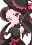  1girl absurdres black_dress black_gloves black_hair blush breasts collarbone dress gloves hat hat_ribbon highres index_finger_raised looking_at_viewer official_alternate_costume pokemon pokemon_(game) pokemon_masters_ex red_eyes ribbon rono_(lethys) roxanne_(fall_2023)_(pokemon) roxanne_(pokemon) simple_background sleeveless sleeveless_dress small_breasts solo split_mouth white_background witch_hat 
