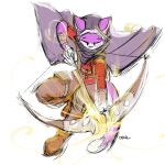  1:1 anthro bottomwear brown_bottomwear brown_clothing brown_pants clothing dipstick_tail front_view full-length_portrait hi_res holding_arrow holding_bow_(weapon) holding_object holding_weapon male markings narrowed_eyes oselotti pants pink_body pink_tail portrait purple_cape purple_hood signature simple_background simple_eyes solo tail tail_markings weapon white_background 