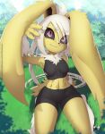  anthro breasts clothing eeveelution female fur generation_1_pokemon hair hi_res jolteon nintendo pokemon pokemon_(species) purple_eyes rilex_lenov solo sportswear white_hair yellow_body yellow_fur 