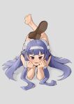  1girl absurdres aiharararara barefoot blue_hair blush grey_background headband highres kannagi long_hair looking_at_viewer lying nagi_(kannagi) on_stomach open_mouth purple_eyes shoes simple_background single_barefoot single_shoe soles the_pose 