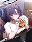  1girl :t absurdres blue_archive blush box breasts burger cardboard_box doyoon_7 eating food halo highres holding holding_food indoors keyboard_(computer) large_breasts looking_at_viewer monitor pout purple_eyes purple_hair shirt sitting solo two_side_up white_shirt yuuka_(blue_archive) 