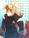  2020 anthro arknights canid canine canis clothed clothing dark_ishihara domestic_dog fur hair horn hung_(arknights) hypergryph long_hair looking_away male mammal multicolored_body multicolored_fur multicolored_hair muscular muscular_anthro muscular_male orange_hair orange_tail solo studio_montagne tail tan_body tan_fur tight_clothing two_tone_body two_tone_fur two_tone_hair white_body white_fur white_hair yellow_eyes 