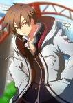  1boy akane_kazami brown_hair dated hair_between_eyes hand_in_pocket highres hood hoodie looking_at_viewer outdoors short_hair signature solo tokisaka_kou tokyo_xanadu yellow_eyes 