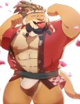  2023 abs absurd_res anthro arsalan asian_clothing bare_chest baw0sox beard braided_beard chest_tuft clothed clothing east_asian_clothing eyebrows facial_hair felid flexing fundoshi fur green_hair hair happi_(clothing) hi_res japanese_clothing lifewonders lion looking_at_viewer lumus_king male mammal muscular muscular_anthro muscular_male one_eye_closed orange_body orange_fur pantherine pantsless pecs petals possession simple_background solo tokyo_afterschool_summoners tongue tongue_out tuft underwear white_background white_eyebrows wink winking_at_viewer yellow_eyes 