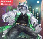  absurd_res anthro black_and_white_fur canid canine canis city city_background clawed_fingers clothing domestic_dog green_eyes hi_res hoodie husky jewelry lifewonders live_a_hero male mammal monomasa muscular muscular_anthro muscular_male necklace nordic_sled_dog red_sclera solo spitz topwear weedwolfeatmeat 