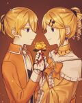  1boy 1girl aku_no_meshitsukai_(vocaloid) aku_no_musume_(vocaloid) allen_avadonia blonde_hair blood blue_eyes bow closed_mouth collared_shirt colored_eyelashes commentary_request detached_collar earrings flower holding holding_flower jewelry kagamine_len kagamine_rin korean_commentary lat1e long_sleeves multiple_hairpins orange_bow ponytail project_sekai riliane_lucifen_d&#039;autriche shirt thorns upper_body vocaloid yellow_flower 