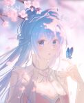  1girl artist_request blue_hair blurry blurry_background bug butterfly collared_dress cone_hair_bun douluo_dalu dress falling_petals gradient_eyes hair_bun hair_ornament hand_up long_hair multicolored_eyes parted_lips petals second-party_source solo tang_wutong_(douluo_dalu) teeth twintails upper_body 