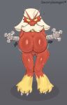  2023 absurd_res anthro big_breasts blaziken blush bodily_fluids breasts feathers female generation_3_pokemon glistening glistening_body hi_res huge_breasts knock-kneed nintendo onomatopoeia pokemon pokemon_(species) question_mark red_body red_feathers savourysausages sloshing_breasts solo sound_effects sweat sweaty_breasts sweaty_legs sweaty_thighs talon_hands talons text yellow_body yellow_feathers 