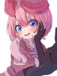  1girl absurdres artist_logo blue_eyes blush bob_cut center-flap_bangs cleavage_cutout clothing_cutout elbow_gloves gloves hand_on_own_face highres jacket made_in_abyss multicolored_hair open_clothes open_mouth pink_hair pink_jacket reaching reaching_towards_viewer sekaineko_001 streaked_hair tepaste upper_body white_background 