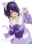  1girl absurdres animal_ears animal_on_shoulder aogiri_koukou bird bird_on_shoulder blush bow bowtie breasts cat_ears cat_tail cleavage collarbone dress fake_animal_ears hair_over_one_eye highres kkix25 large_breasts open_mouth otodama_tamako purple_bow purple_bowtie purple_dress purple_hair purple_nails red_eyes short_hair solo sparkle_print tail virtual_youtuber 