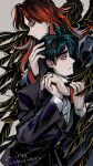  2boys artist_name bags_under_eyes black_eyes black_feathers black_hair black_jacket blue_hair closed_eyes closed_mouth collared_shirt commentary_request dated expressionless feathers formal grey_background holding_hands hug ichijou_seiya jacket kaiji long_hair long_sleeves male_focus medium_bangs multiple_boys murakami_tamotsu necktie red_hair shirt smile suit unknown03162 upper_body white_shirt yaoi 