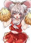  1girl animal_ear_fluff animal_ears blush cheering cheerleader collarbone deal360acv grey_hair hair_between_eyes highres holding holding_pom_poms looking_at_viewer mouse_ears navel nazrin neckerchief open_mouth pleated_skirt pom_pom_(cheerleading) red_eyes red_skirt short_hair simple_background skirt solo touhou white_background white_neckerchief 