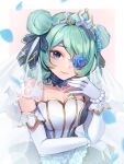  1girl bead_bracelet beads black_choker black_ribbon blue_eyes blue_flower bracelet breasts choker collarbone double_bun dress elbow_gloves flower flower_over_eye gloves green_hair gwen_(league_of_legends) hair_bun hair_ribbon hand_up highres jewelry large_breasts league_of_legends medium_hair momoirone petals prestige_crystal_rose_gwen ribbon striped striped_dress tiara upper_body veil white_background white_dress white_flower white_gloves 