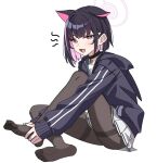  1girl animal_ears bangs black_hair blue_archive blue_jacket bob_cut brown_pantyhose cat_ears choker fang feet full_body hair_ornament hairclip halo highres holding_own_foot hood hooded_jacket jacket jewelry kazusa_(blue_archive) legs looking_at_viewer multicolored_hair no_shoes open_mouth pantyhose pendant pink_hair school_uniform see-through sidelocks sitting skirt soles tamago_(eva1314056) toes white_background white_skirt 
