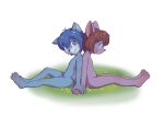  2022 absurd_res aiden_(battybatfirebrand) anthro azly_(battybatfirebrand) bat blue_body blue_fur canid canine duo flaccid fox fur genitals hand_holding hi_res looking_at_viewer male male/male mammal minum nude penis purple_body purple_fur sitting_on_grass smile young young_on_young 
