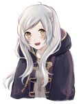  1girl bad_id bad_pixiv_id bad_twitter_id blush breasts brown_eyes brown_gloves cleavage closed_mouth collarbone eyelashes fire_emblem fire_emblem_awakening gloves grey_hair hand_up highres hood hood_down hooded_robe jiro_baji long_hair looking_at_viewer non-web_source parted_bangs purple_robe robe robin_(female)_(fire_emblem) robin_(fire_emblem) simple_background solo swept_bangs twintails upper_body white_background wide_sleeves 
