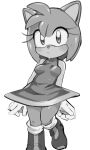 2023 5_fingers absurd_res amy_rose anthro blush bodily_fluids breasts clothed clothing dress eulipotyphlan female fingers fully_clothed glistening glistening_body hedgehog hi_res mammal monochrome mouth_closed nipples_visible_through_clothing oposa sega simple_background solo sonic_the_hedgehog_(series) standing sweat white_background 