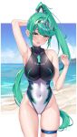  1girl armpits breasts collarbone covered_navel green_eyes green_hair hair_ornament high_ponytail highres impossible_clothes impossible_swimsuit large_breasts long_hair looking_at_viewer matrix16 multicolored_clothes multicolored_swimsuit one-piece_swimsuit open_mouth pneuma_(xenoblade) smile swimsuit thigh_strap very_long_hair xenoblade_chronicles_(series) xenoblade_chronicles_2 