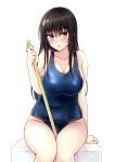  1girl :o black_hair blue_one-piece_swimsuit blush breasts broom brown_eyes cleavage collarbone commentary_request cowboy_shot highres holding holding_broom kotegawa_yui large_breasts long_hair looking_at_viewer one-piece_swimsuit parted_lips realman school_swimsuit simple_background sitting solo swimsuit to_love-ru white_background 