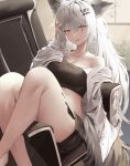  1girl absurdres animal_ears arknights bare_shoulders chair collarbone commentary crop_top feet_out_of_frame grey_eyes highres knee_up lappland_(arknights) long_hair looking_at_viewer mea_(hwaksal) midriff off_shoulder open_mouth oripathy_lesion_(arknights) scar scar_across_eye shirt sitting solo thighs very_long_hair white_hair white_shirt wolf_ears 