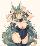  1girl alternate_costume animal_ears black_bow black_bowtie black_leotard bow bowtie breasts bunny_day cleavage commentary_request crossed_bangs detached_collar fang green_eyes green_hair hair_between_eyes hands_up highres kuromiya kuromiya_raika large_breasts leotard long_hair looking_at_viewer multicolored_hair open_mouth orange_hair original playboy_bunny simple_background smile solo tail twitter_username two-tone_hair 