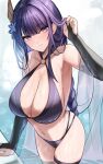  armpits blue_nails bra braid braided_ponytail breasts bridal_gauntlets genshin_impact hair_ornament hana_hebi highres large_breasts light_particles light_smile long_hair looking_at_viewer mole mole_under_eye panties purple_bra purple_eyes purple_hair purple_panties raiden_shogun swimsuit underwear water wet wet_clothes wet_swimsuit 