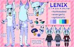  2023 anthro bisexual blep blue_eyes blue_hair casual_nudity clothing collar collar_bell dress english_text felid feline female fishnet fishnet_legwear fur hair legwear lenix_(lenixtt) lenixtt long_ears lynx male mammal model_sheet paws purple_body purple_fur small_tail smile smirk solo striped_body striped_fur stripes tail text tongue tongue_out 