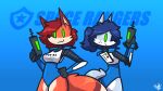  2023 anthro armor back_to_back blue_hair breasts butt canid canine canis cheek_tuft clothing dipstick_tail dot_eyes duo facial_tuft fox freckles fur green_eyes grey_body grey_fur hair hand_on_hip hi_res holding_object holding_weapon inner_ear_fluff laser_gun leotard machine male mammal markings medium_breasts navel_outline orange_body orange_fur rafvicalv ranged_weapon red_hair robot shoulder_guards simple_background smile smirk tail tail_markings text tuft vambrace weapon wolf 