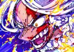  1girl blood blood_on_face boku_no_hero_academia colored_eyelashes colorful electricity fire furrowed_brow highres mirko muscular muscular_female open_mouth purple_background rabbit_girl satomaru31000 sharp_teeth simple_background solo teeth white_fur white_hair 